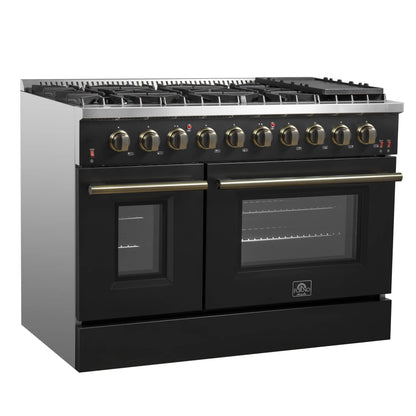Forno Galiano 5-Piece Appliance Package - 48-Inch Gas Range, 48-Inch Hood, 36-Inch Refrigerator, 24-Inch Dishwasher, & 30-Inch Microwave Oven in Black with Antique Brass Trim - AP5-6244-48BLK-MWO30