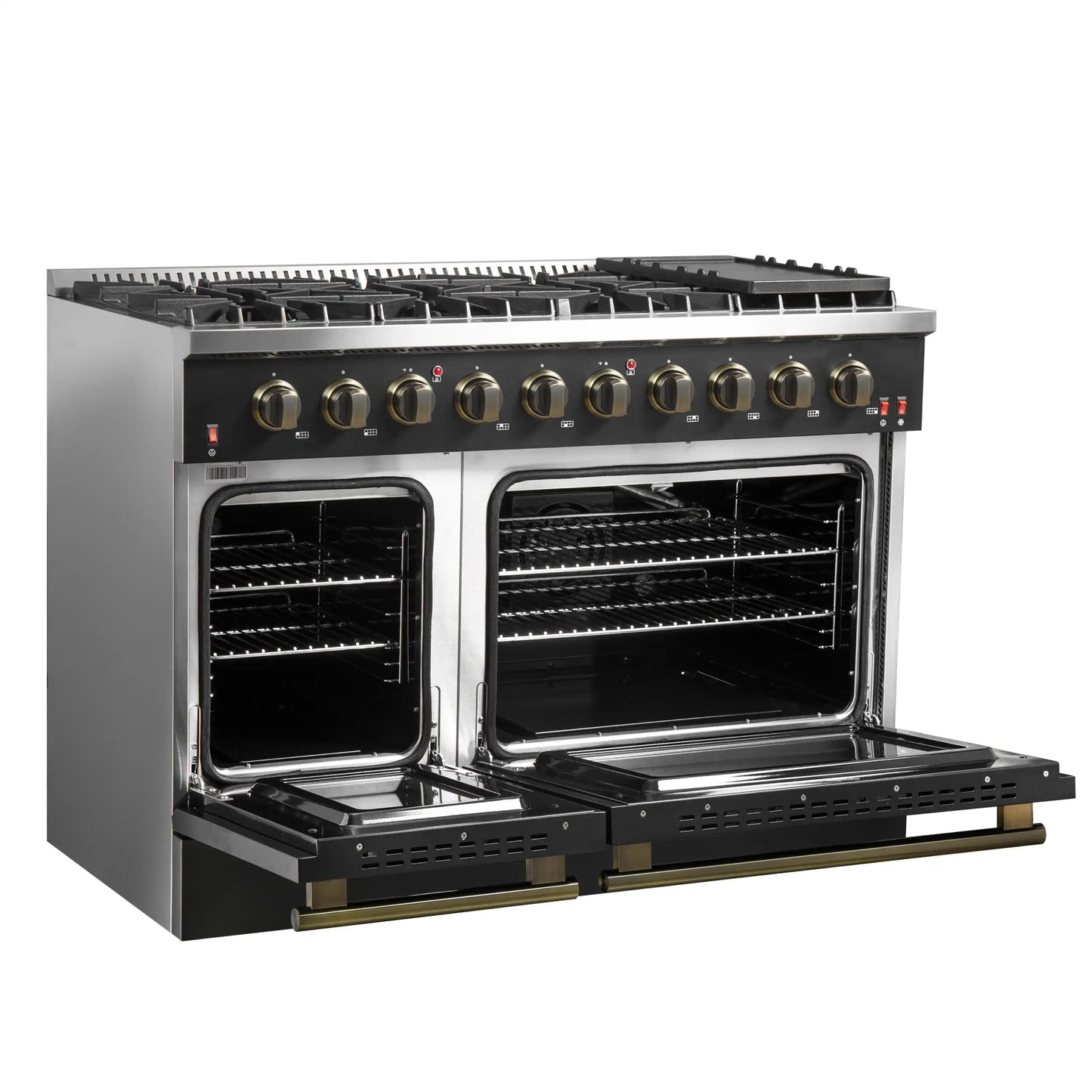 Forno Galiano 5-Piece Appliance Package - 48-Inch Gas Range, 48-Inch Hood, 36-Inch Refrigerator, 24-Inch Dishwasher, & 30-Inch Microwave Oven in Black with Antique Brass Trim - AP5-6244-48BLK-MWO30