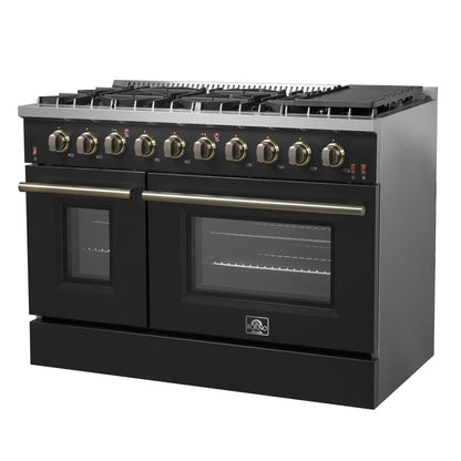 Forno Galiano 5-Piece Appliance Package - 48-Inch Gas Range, 48-Inch Hood, 36-Inch Refrigerator, 24-Inch Dishwasher, & 30-Inch Microwave Oven in Black with Antique Brass Trim - AP5-6244-48BLK-MWO30