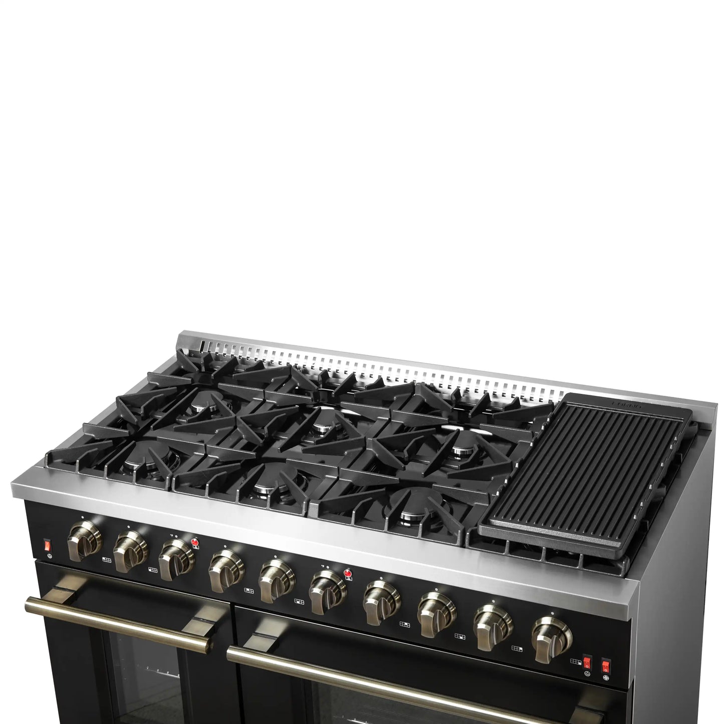 Forno Galiano 5-Piece Appliance Package - 48-Inch Gas Range, 48-Inch Hood, 36-Inch Refrigerator, 24-Inch Dishwasher, & 30-Inch Microwave Oven in Black with Antique Brass Trim - AP5-6244-48BLK-MWO30