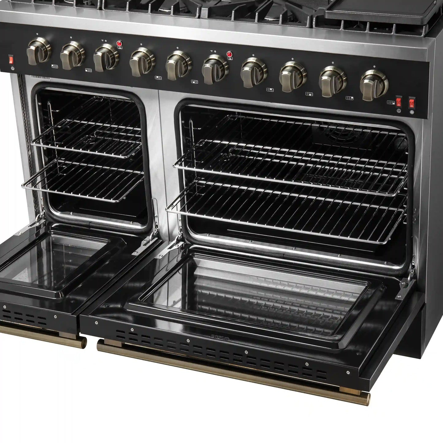 Forno Galiano 5-Piece Appliance Package - 48-Inch Gas Range, 48-Inch Hood, 36-Inch Refrigerator, 24-Inch Dishwasher, & 30-Inch Microwave Oven in Black with Antique Brass Trim - AP5-6244-48BLK-MWO30