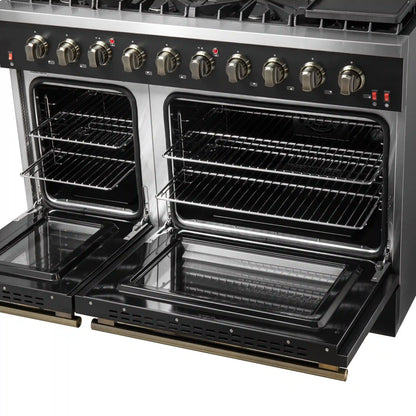 Forno Galiano 5-Piece Appliance Package - 48-Inch Gas Range, 48-Inch Hood, 36-Inch Refrigerator, 24-Inch Dishwasher, & 30-Inch Microwave Oven in Black with Antique Brass Trim - AP5-6244-48BLK-MWO30