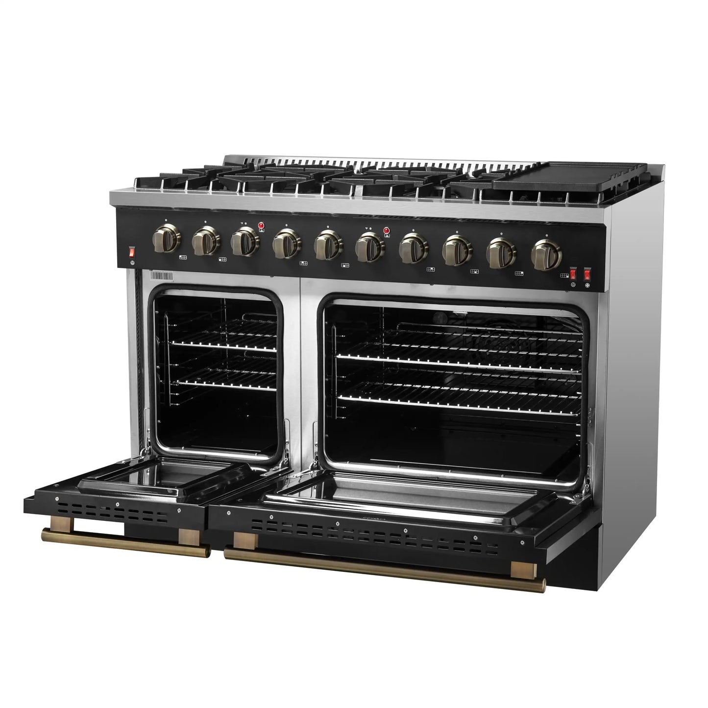 Forno Galiano 5-Piece Appliance Package - 48-Inch Gas Range, 48-Inch Hood, 36-Inch Refrigerator, 24-Inch Dishwasher, & 30-Inch Microwave Oven in Black with Antique Brass Trim - AP5-6244-48BLK-MWO30