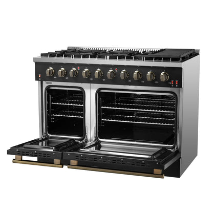 Forno Galiano 5-Piece Appliance Package - 48-Inch Gas Range, 48-Inch Hood, 36-Inch Refrigerator, 24-Inch Dishwasher, & 30-Inch Microwave Oven in Black with Antique Brass Trim - AP5-6244-48BLK-MWO30