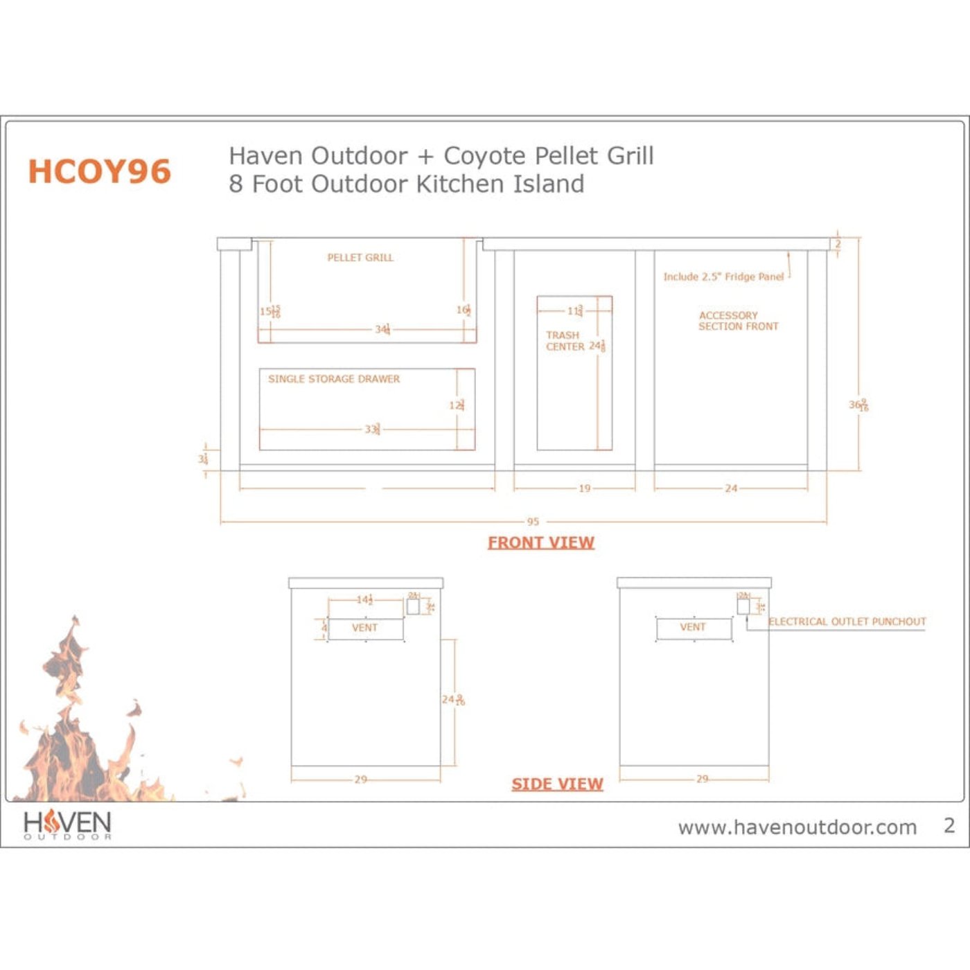 Haven 96-Inch Outdoor Kitchen Island with Trash Center, 2 Drawer Cabinet & Gas Grill - HCOY96DRAW-AB-LP