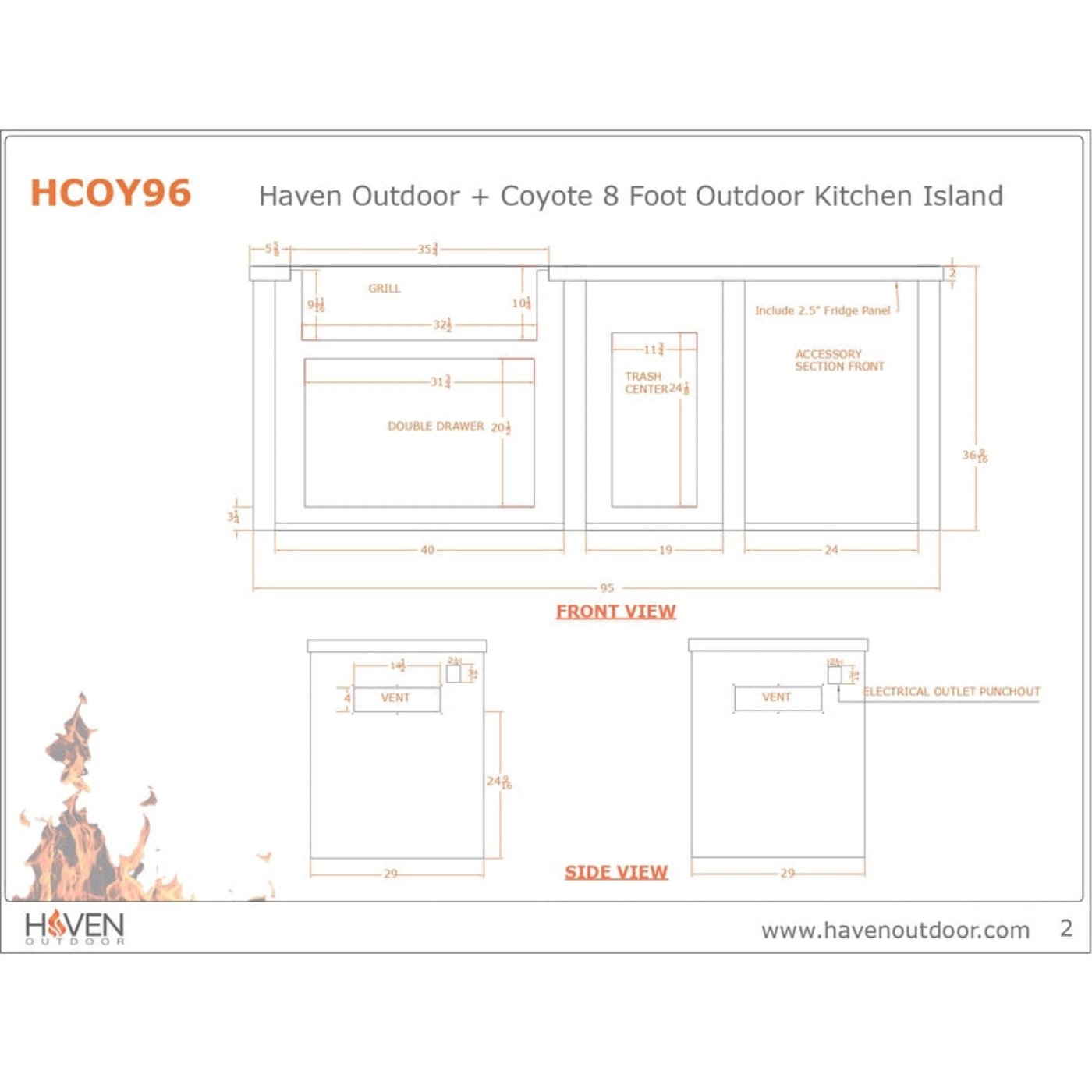 Haven 96-Inch Outdoor Kitchen Island with Trash Center, 24-Inch Refrigerator & Gas Grill - HCOY96REF-AB-LP