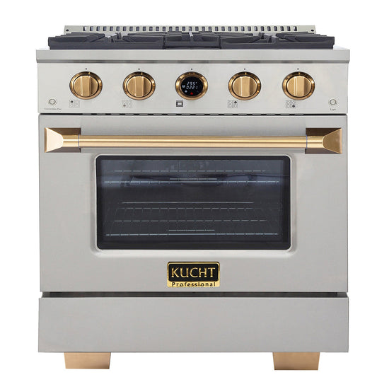 Kucht 30" 4.2 cu. ft. 4 Burner Natural Gas Dual Fuel Range in Stainless Steel with Gold Accents and Digital Thermostat - KXP30-GL