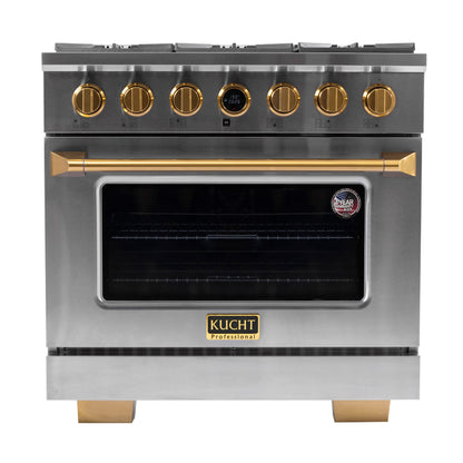 Kucht 36" 5.2 cu. ft. 6 Burner Natural Gas Dual Fuel Range in Stainless Steel with Gold Accent - KXP36-GLs and Digital Thermostat