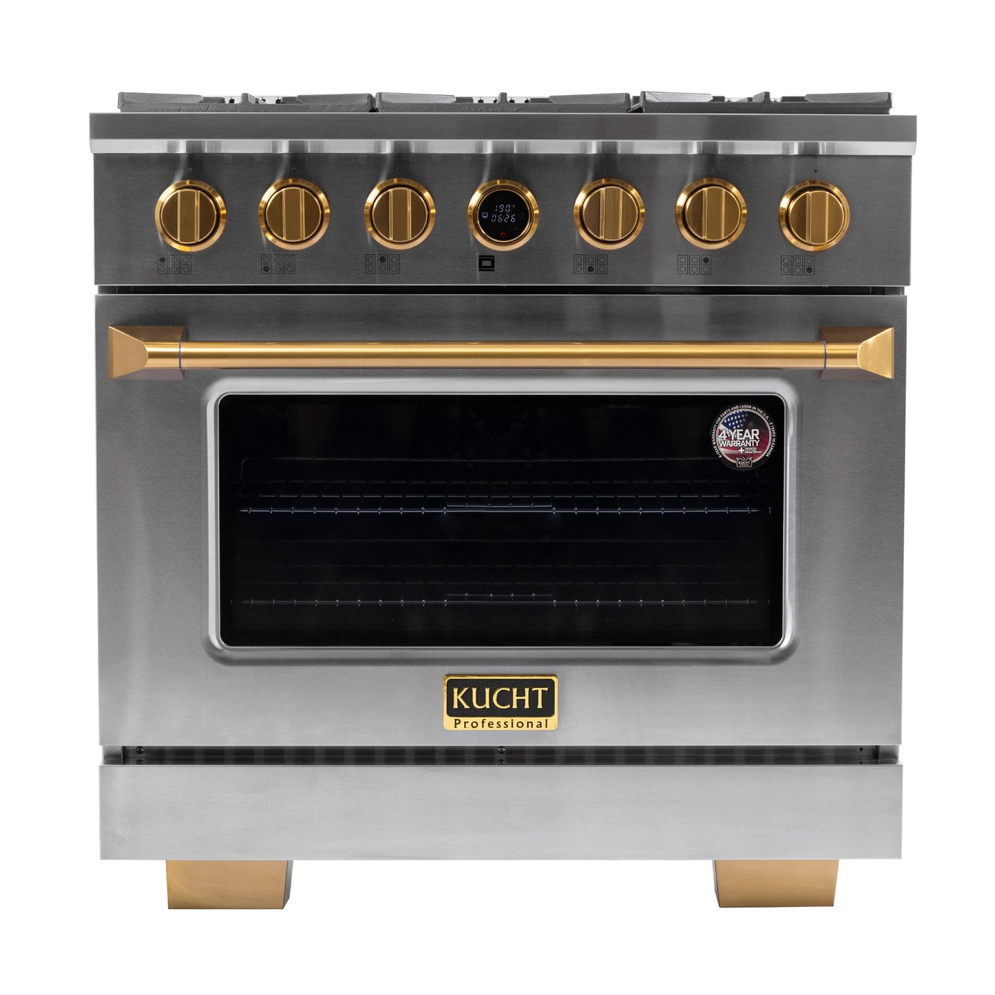 Kucht 36" 5.2 cu. ft. 6 Burner Natural Gas Dual Fuel Range in Stainless Steel with Gold Accent - KXP36-GLs and Digital Thermostat