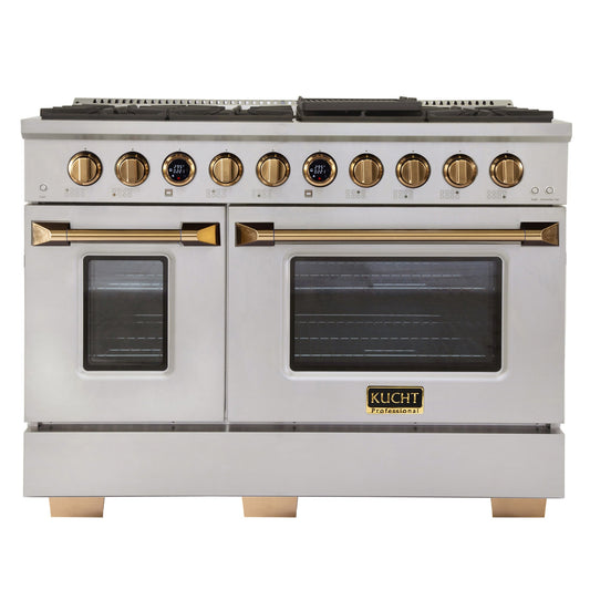 Kucht 48" 6.7 cu. ft. 8 Burner Propane Gas Dual Fuel Range in Stainless Steel with Gold Accents and Digital Thermostat - KXP48-GL/LP
