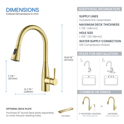 Kibi Bari-T Single Handle Pull Down Kitchen Sink Faucet With Soap Dispenser in Brushed Gold Finish - C-KKF2016BG-KSD100BG