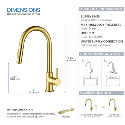 Kibi Circular Single Handle Pull Down Kitchen Faucet With Soap Dispenser in Brushed Gold Finish - C-KKF2013BG-KSD100BG
