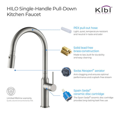 Kibi Hilo Single Handle High Arc Pull Down Kitchen Faucet With Soap Dispenser in Brushed Nickel Finish - C-KKF2008BN-KSD100BN