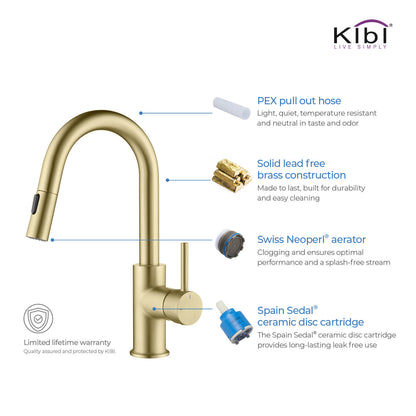 Kibi Luxe Single Handle High Arc Pull Down Kitchen Faucet With Soap Dispenser in Brushed Gold Finish - C-KKF2011BG-KSD100BG
