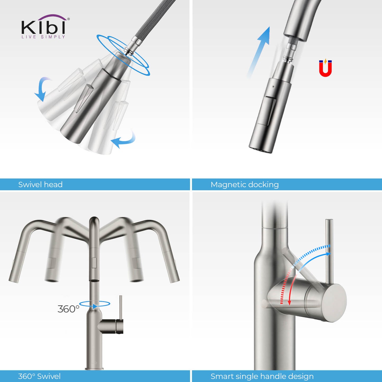Kibi Macon Single Handle High Arc Pull Down Kitchen Faucet With Soap Dispenser in Brushed Nickel Finish - C-KKF2007BN-KSD100BN