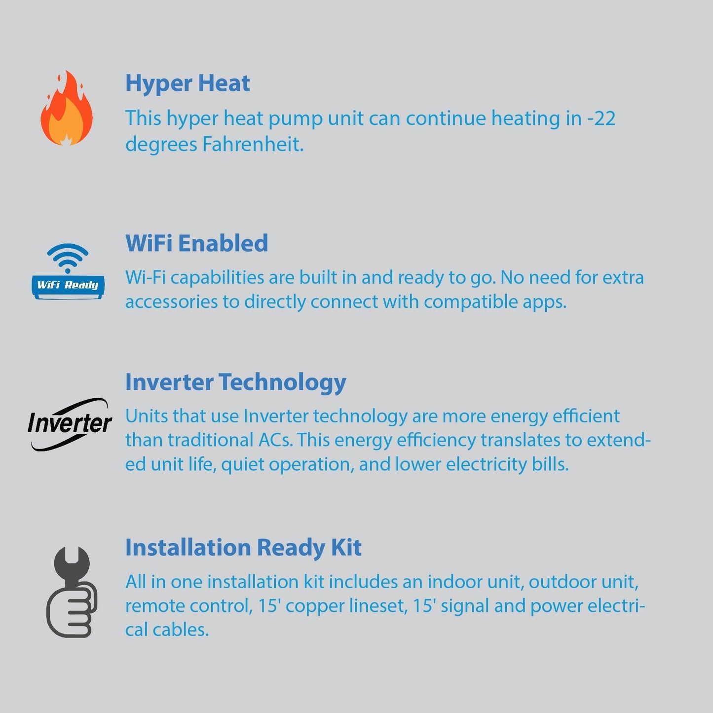 Air-Con Blue Hyper 12000 BTU 24 SEER Hyper Heat Mini Split Air Conditioner 15ft Lineset & Wiring - ABHCI/ABHEM4H4S12