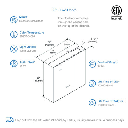 Blossom Sirius – 30 Inches LED Medicine Cabinet with Clock - MCL3 3032