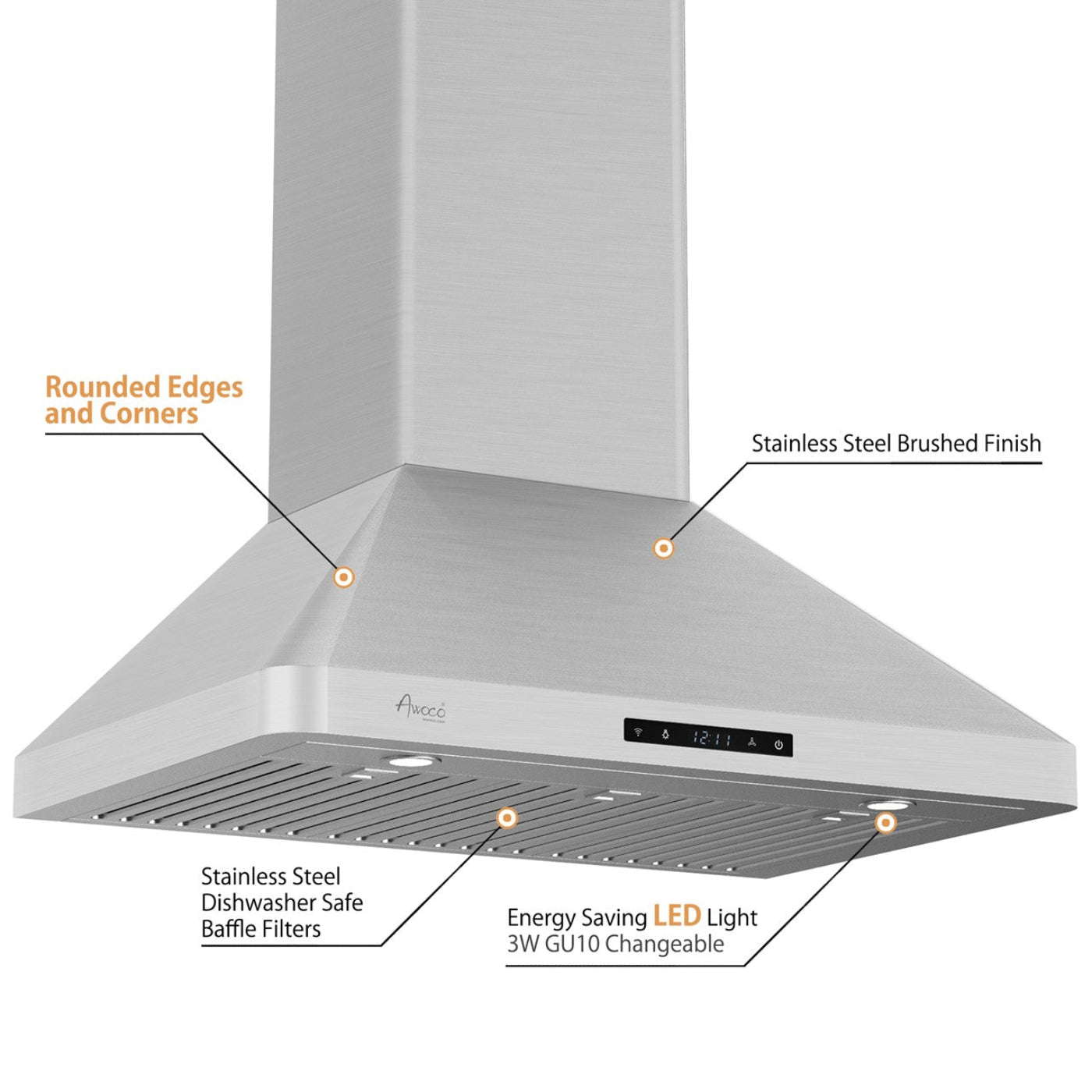 Awoco RH-WT-C Wall Mount Stainless Steel Range Hood, 3 Speeds, 800CFM, 2 LED Lights, Remote Control, With 6” Blower Unit - RH-WT-C30+RH-SP06-BLW