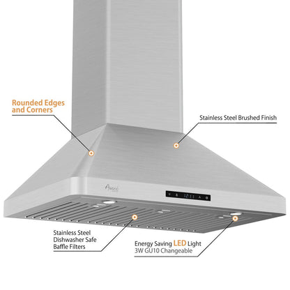 Awoco RH-WT-C Wall Mount Stainless Steel Range Hood, 3 Speeds, 800CFM, 2 LED Lights, Remote Control, With 6” Blower Unit - RH-WT-C30+RH-SP06-BLW
