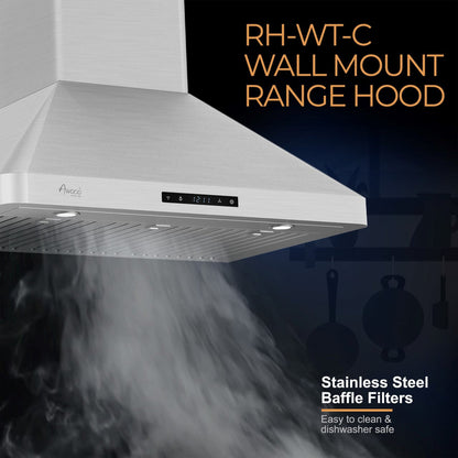 Awoco RH-WT-C Wall Mount Stainless Steel Range Hood, 3 Speeds, 800CFM, 2 LED Lights, Remote Control, With 6” Blower Unit - RH-WT-C30+RH-SP06-BLW
