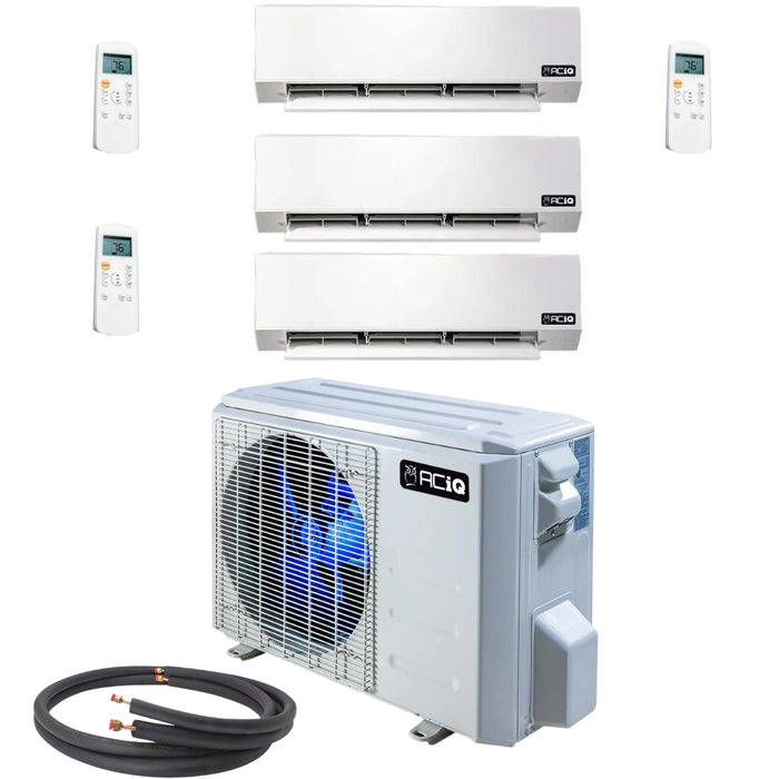 ACiQ Mini Split - 27,000 BTU 3 Zone Ductless Air Conditioner and Heat Pump with 15 Ft. Line Sets