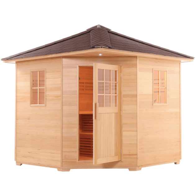 Aleko Canadian Hemlock Wet/Dry Outdoor Sauna w/ Asphalt Roof - 8 Person