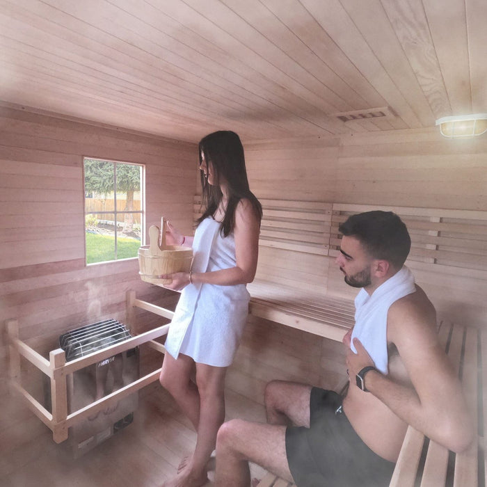 Aleko Canadian Hemlock Wet/Dry Outdoor Sauna w/ Asphalt Roof - 8 Person