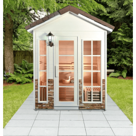 Aleko Outdoor 4-Person Wet / Dry Sauna - Canadian Red Cedar Wood with Stone Finish