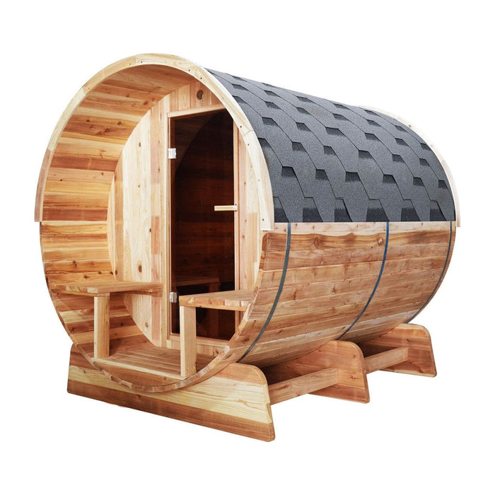 Aleko Outdoor / Indoor Red Cedar Wet/Dry 6-8 Person Barrel Sauna - with Front Porch Canopy, Panoramic View, and Bitumen Shingle Roofing