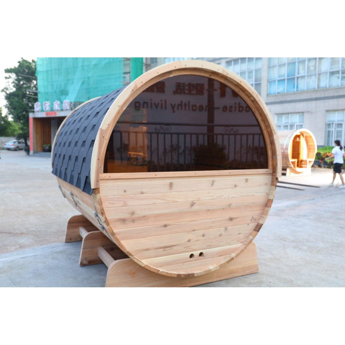 Aleko Outdoor / Indoor Red Cedar Wet/Dry 6-8 Person Barrel Sauna - with Front Porch Canopy, Panoramic View, and Bitumen Shingle Roofing