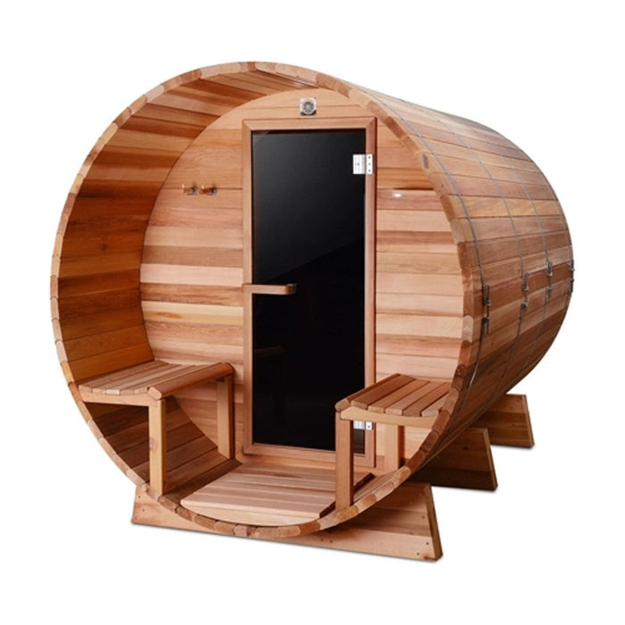 Aleko Outdoor / Indoor Red Cedar Wet/Dry 6-8 Person Barrel Sauna - with Front Porch Canopy, Panoramic View, and Bitumen Shingle Roofing