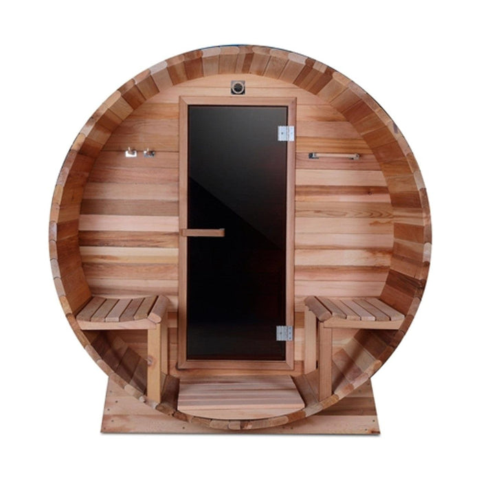 Aleko Outdoor / Indoor Red Cedar Wet/Dry 6-8 Person Barrel Sauna - with Front Porch Canopy, Panoramic View, and Bitumen Shingle Roofing