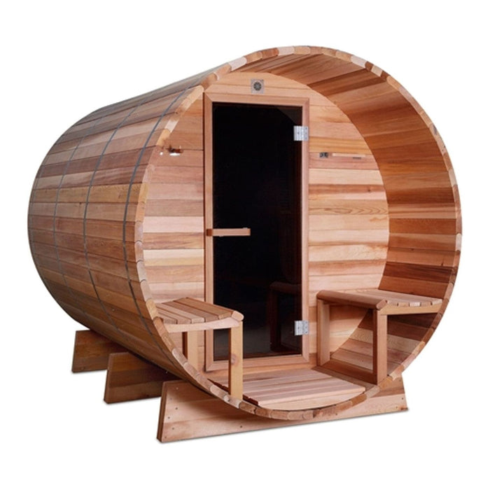 Aleko Outdoor / Indoor Red Cedar Wet/Dry 6-8 Person Barrel Sauna - with Front Porch Canopy, Panoramic View, and Bitumen Shingle Roofing