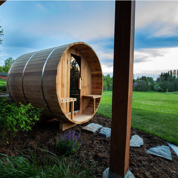 Aleko Outdoor / Indoor Red Cedar Wet/Dry 6-8 Person Barrel Sauna - with Front Porch Canopy, Panoramic View, and Bitumen Shingle Roofing