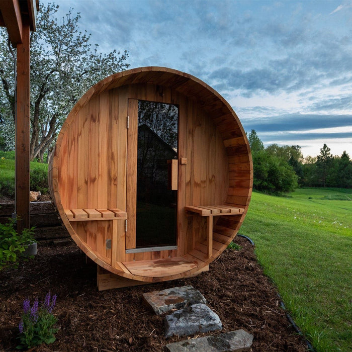 Aleko Outdoor / Indoor Red Cedar Wet/Dry 6-8 Person Barrel Sauna - with Front Porch Canopy, Panoramic View, and Bitumen Shingle Roofing