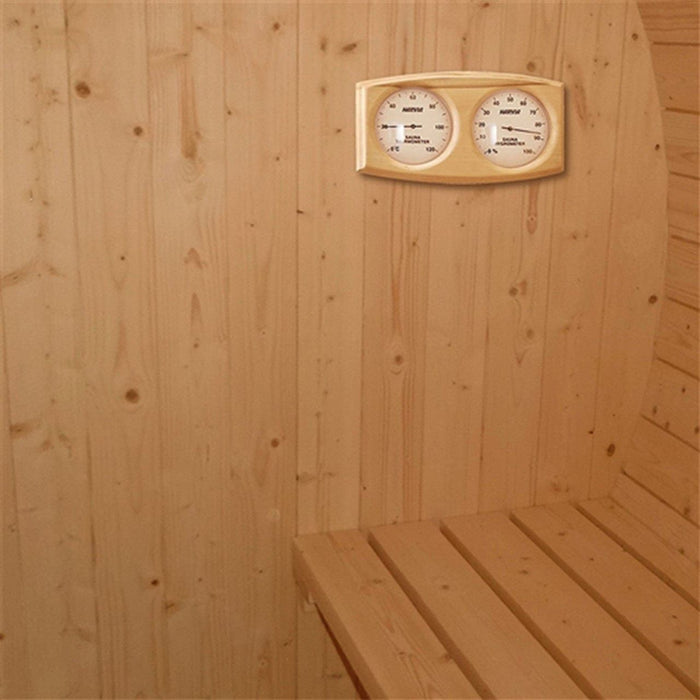 Aleko Outdoor / Indoor White Finland Pine 5-Person Wet Dry Barrel Sauna - with Front Porch Canopy and Bitumen Shingle Roofing