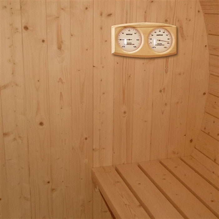 Aleko Outdoor / Indoor White Finland Pine Wet/Dry 6-9 Person Barrel Sauna - with Front Porch Canopy