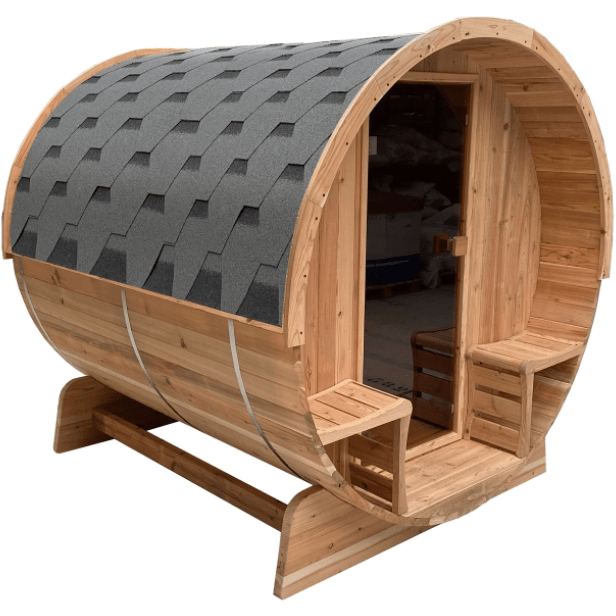 Aleko Outdoor Rustic Cedar Barrel Steam Sauna - Front Porch Canopy - ETL Certified - 3 Person