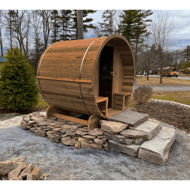 Aleko Outdoor Rustic Cedar Barrel Steam Sauna - Front Porch Canopy - ETL Certified - 3 Person