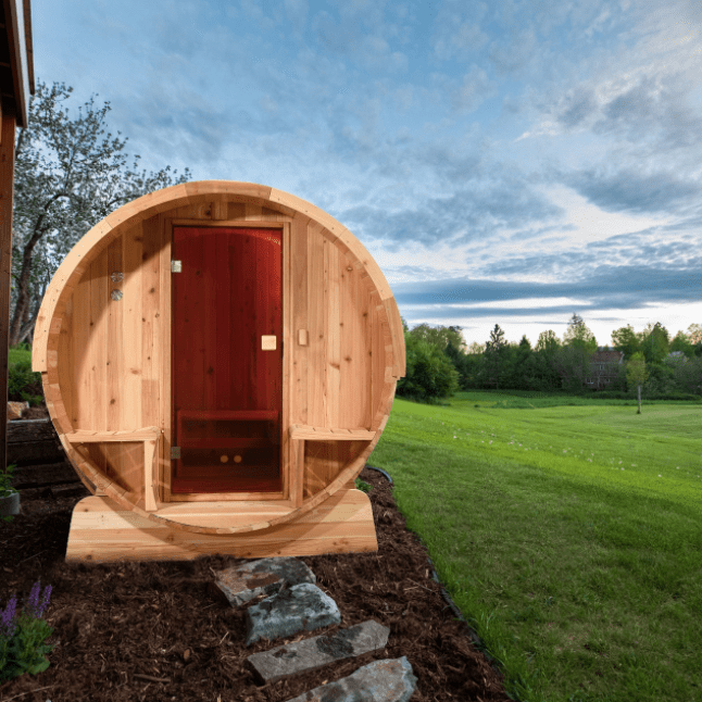 Aleko Outdoor Rustic Cedar Barrel Steam Sauna - Front Porch Canopy - ETL Certified - 6 Person