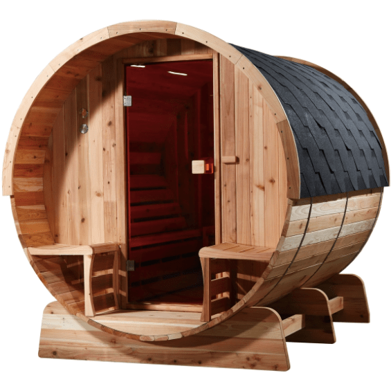 Aleko Outdoor Rustic Cedar Barrel Steam Sauna - Front Porch Canopy - ETL Certified - 6 Person