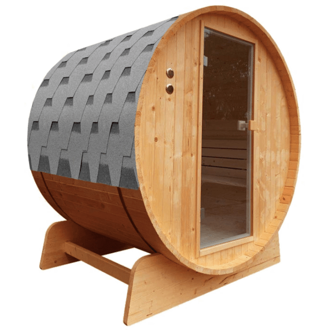 Aleko Outdoor Rustic Cedar Barrel Steam Sauna with Bitumen Shingle Roofing - 8 Person