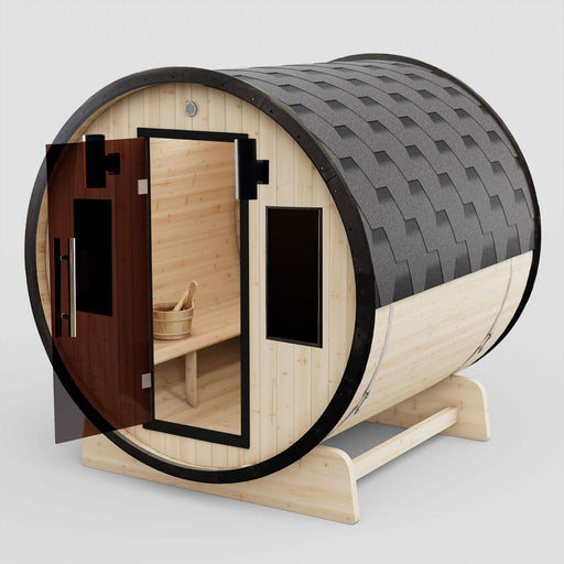 Aleko Outdoor White Finland Pine 3-4 Person Traditional Barrel Sauna w/ Black Accents