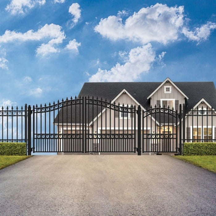 Aleko Steel Dual Swing Driveway Gate London Style 18 ft With Pedestrian Gate 4 ft SET18X4LOND-AP