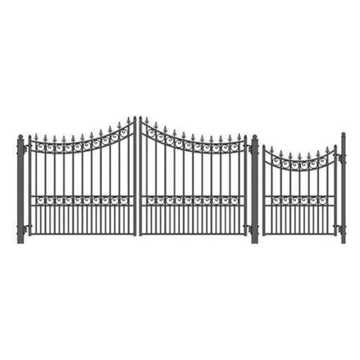 Aleko Steel Dual Swing Driveway Gate Manhattan Style 12 ft with Pedestrian Gate 4 ft SET12X4MOSD-AP