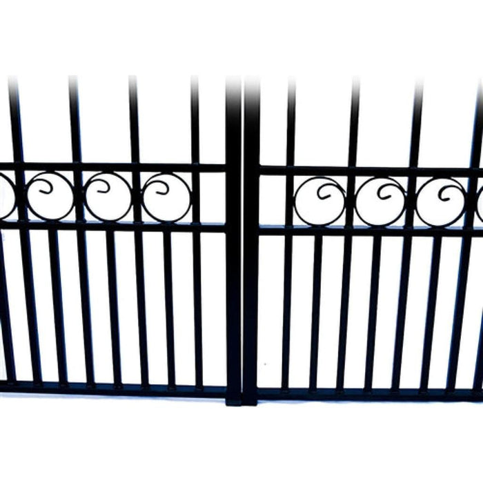 Aleko Steel Dual Swing Driveway Gate Manhattan Style 12 ft with Pedestrian Gate 4 ft SET12X4MOSD-AP