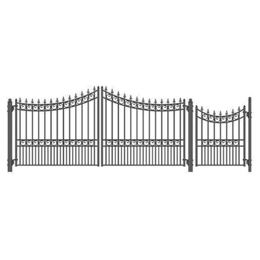 Aleko Steel Dual Swing Driveway Gate Manhattan Style 14 ft With Pedestrian Gate 4 ft SET14X4MOSD-AP