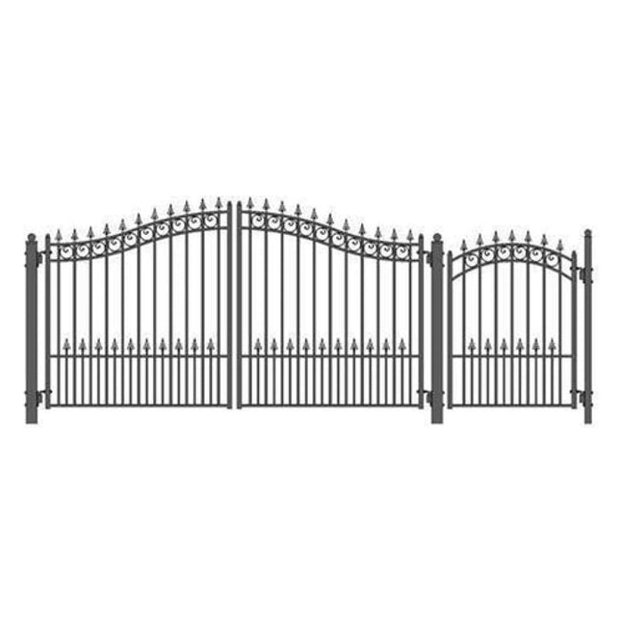 Aleko Steel Dual Swing Driveway Gate Prague Style 12 ft With Pedestrian Gate 4 ft SET12X4PRAD-AP