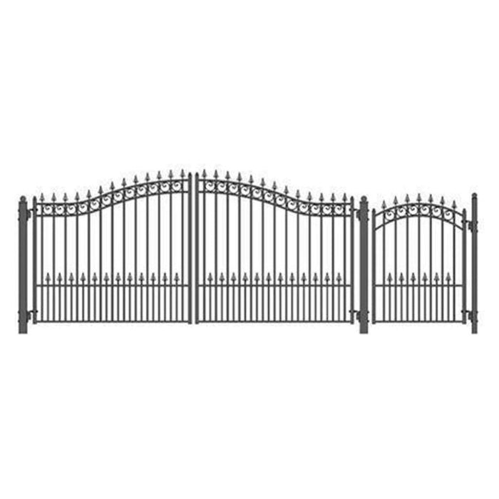 Aleko Steel Dual Swing Driveway Gate Prague Style 14 ft With Pedestrian Gate 4 ft SET14X4PRAD-AP