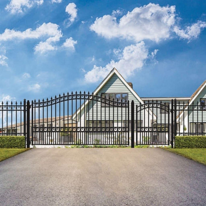 Aleko Steel Single Swing Driveway Gate London Style 14 ft With Pedestrian Gate 4 ft SET14X4LONS-AP